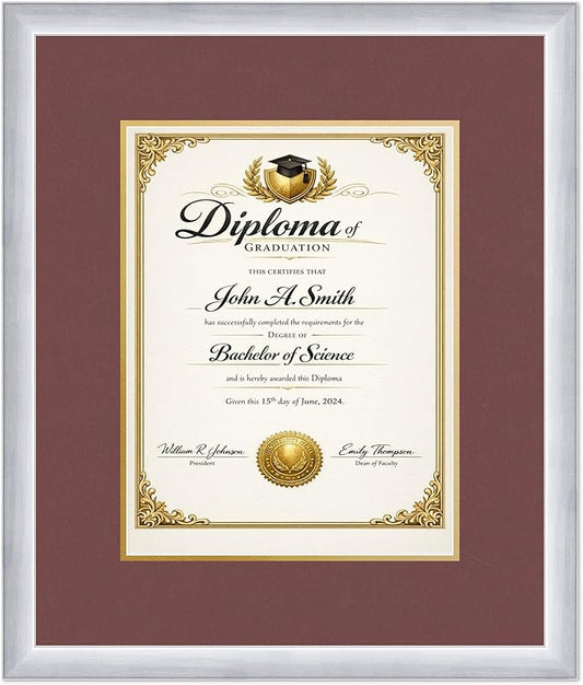 CountryArtHouse Diploma Frame Fits 10 x 13 College Diploma (Portrait Traditional) - Keepsake Graduati Stainless Silver Genuine Hardwood with Dark Red Over Metallic Gold Double mat