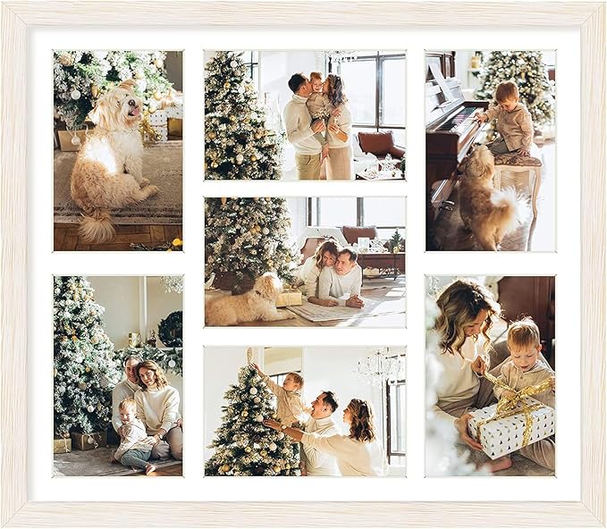 Golden State Art, 13.7x15.7 Distressed White Wood Collage Frame - White Mat - Displays Seven 4x6 Photos - Real Glass, Sawtooth Hanger, Swivel Tabs - Wall Mounting, Landscape, Portrait