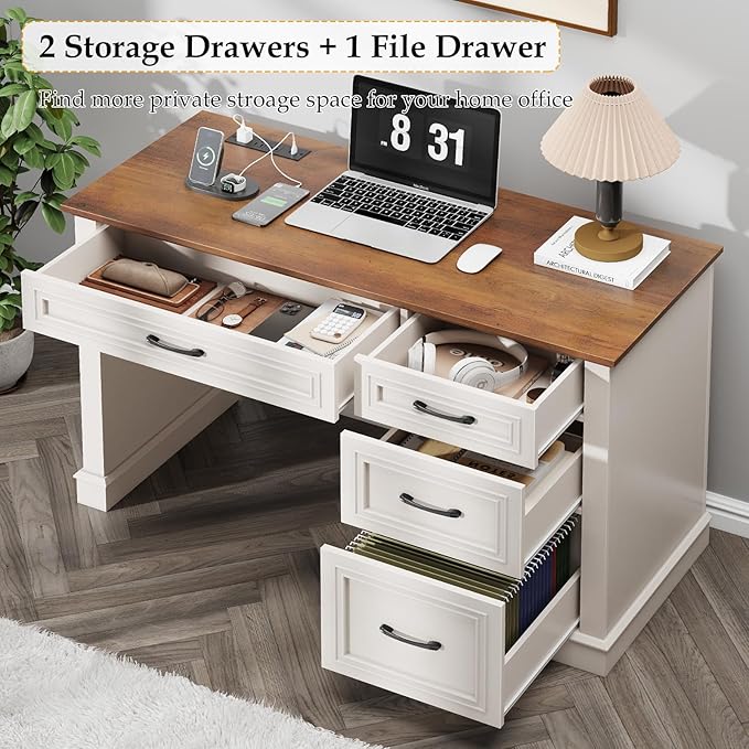 Farmhouse 47" Executive Desk, Computer Desk with Drawers and File Drawer, Workstation Computer Desk with Charging Station for Home Office,Study.Unique White
