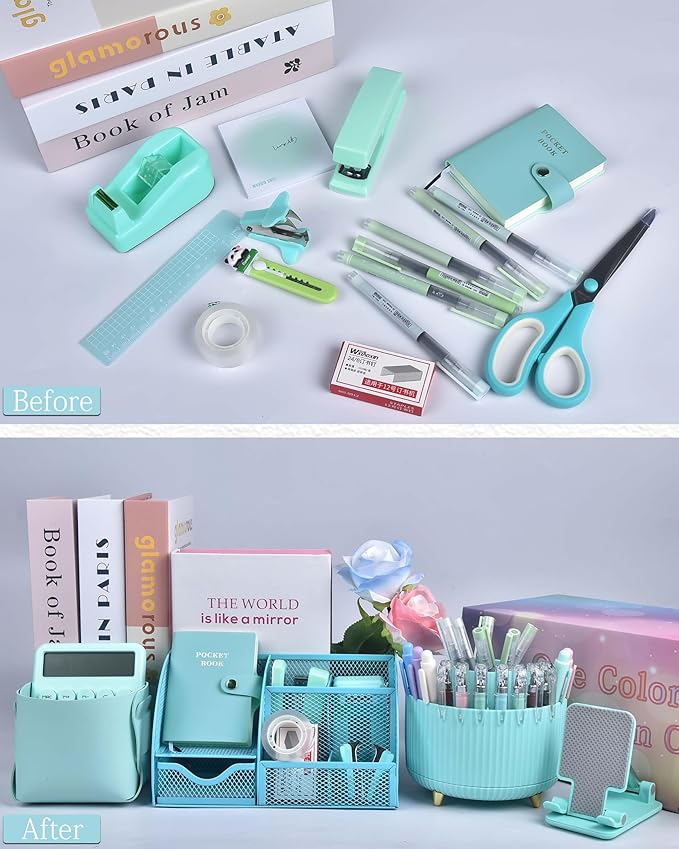 21Pcs Green and Blue Desk Organizers and Accessories With Mesh Desk Organizer and 360°Rotating Pen Holder and a Lot of Office Green Office Supplies Beautifully Presented in a Gift Box