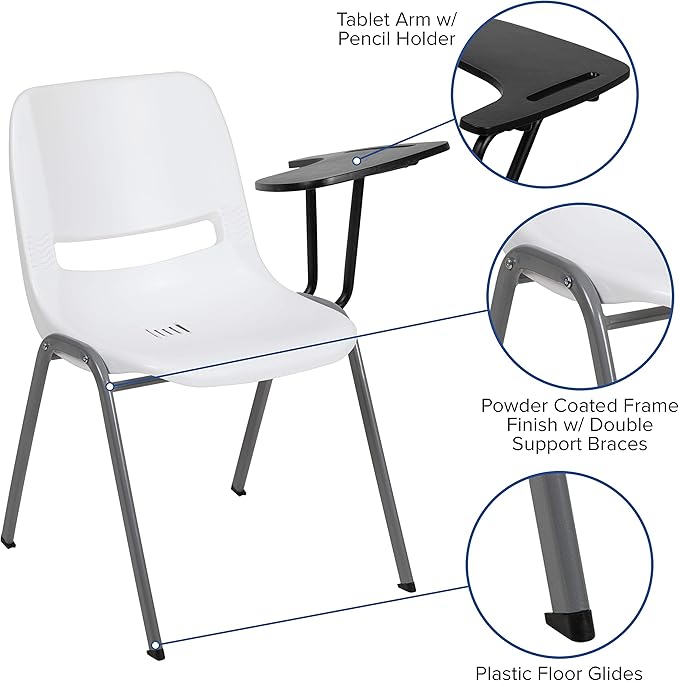 Flash Furniture White Ergonomic Shell Chair with Left Handed Flip-Up Tablet Arm