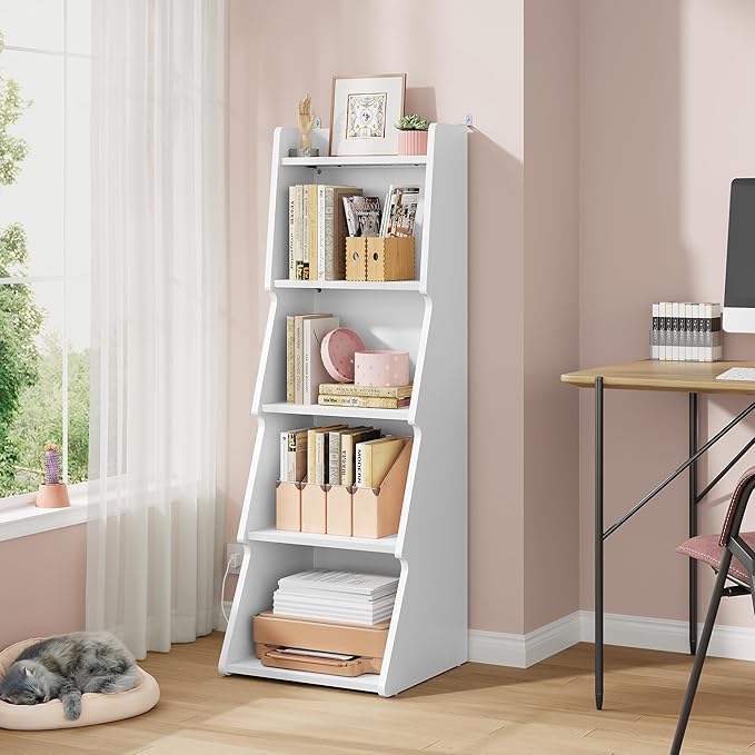 Hoctieon 5-Tier Open Bookcase and Bookshelf with LED Light, Floor Standing Display Storage Shelves, Wood Modern Display Organizer for Home Office, Living Room, Bedroom, Study, White