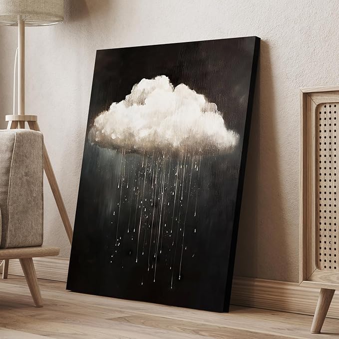 Framed Modern Abstract Canvas Prints Wall Art Vintage Rain Cloud Oil Painting Wall Art White Clouds in The Sky Nature Abstract Minimalist Home Artwork Decoration for Bedroom, Bathroom, Ready to Hang