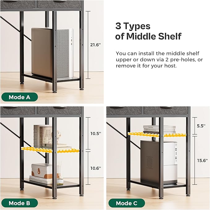 Huuger Computer Desk with 6 Drawers, Office Desk with Shelves, Reversible Gaming Desk, Corner Desk with Storage, Work for Home Office, Study, Living Room, 47inch, Black