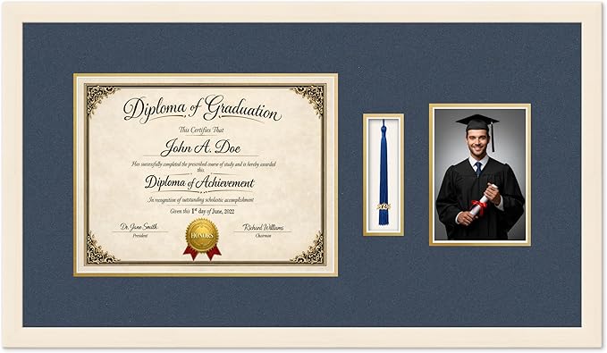 Diploma Tassel and Photo Frame Coastal Whitewash Shadowbox Navy Blue Over Gold Mat - Fits 13 x 10 Degree Picture Made in the USA