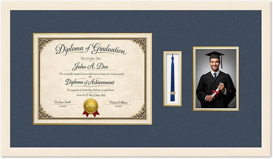 Diploma Tassel and Photo Frame Coastal Whitewash Shadowbox Navy Blue Over Gold Mat - Fits 13 x 10 Degree Picture Made in the USA