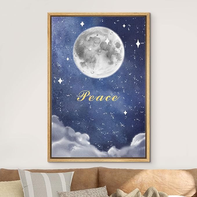 IDEA4WALL Framed Canvas Print Wall Art Peace Watercolor Galaxy with Silver Moon Astronomy & Space Sky Illustrations Modern Art Glam Colorful Ultra for Living Room, Bedroom, Office - 16"x24" NATURAL