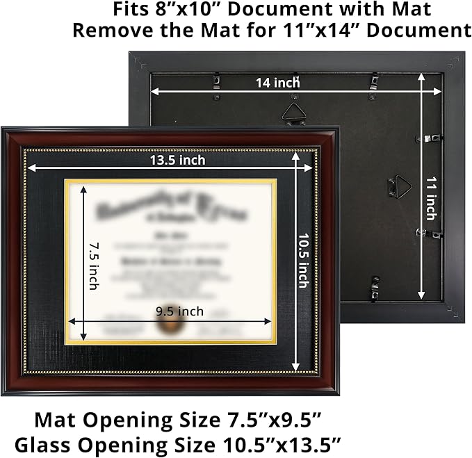 GraduationMall 8x10 Diploma Frame with Black over Gold Mat or Display 11x14 Document without Mat, Tempered Glass, Mahogany with Gold Beads