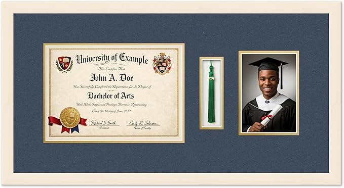 CountryArtHouse Diploma Tassel and Photo Shadowbox Fits 11.69 x 8.27 A4 Certificate with TASS Coastal Whitewash Genuine Hardwood with Navy Blue Over Metallic Gold Double mat