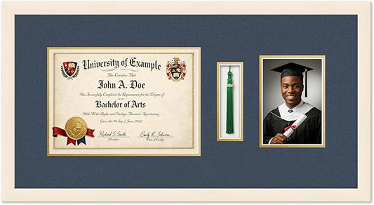 CountryArtHouse Diploma Tassel and Photo Shadowbox Fits 11.69 x 8.27 A4 Certificate with TASS Coastal Whitewash Genuine Hardwood with Navy Blue Over Metallic Gold Double mat