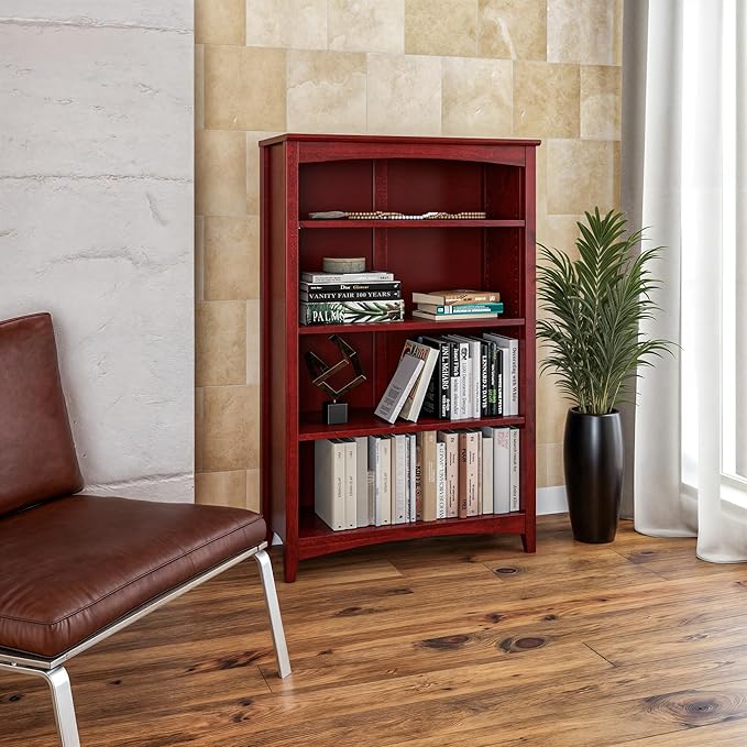 Camaflexi Shaker Style 4 Shelf Bookcase/Solid Wood / 48" High/Adjustable Shelving/Closed Back/Display Bookshelf for Living Room, Bedroom, Home and Office, Red Garnet Stain