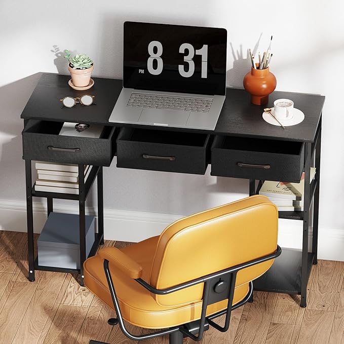 HOMCOM 47" Computer Desk with 3 Fabric Drawers, Home Office Desk with Adjustable Shelves, Small Writing Desk with Storage, Black