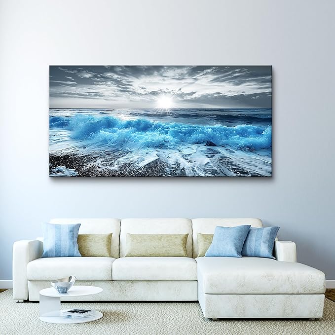 Lapremoly Framed Wall Art For Living Room Large Canvas Wall Decor For Office Blue Beach Painting Ocean Sea Waves Wall Pictures Bedroom bathroom Home Decorations Prints Posters Mural Artwork 20"X40"