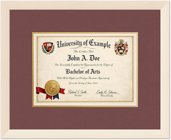 CountryArtHouse Diploma Frame Fits 11.69 x 8.27 A4 Certificate - Keepsake Graduation Display Coastal Whitewash Genuine Hardwood with Dark Red Over Metallic Gold Double mat