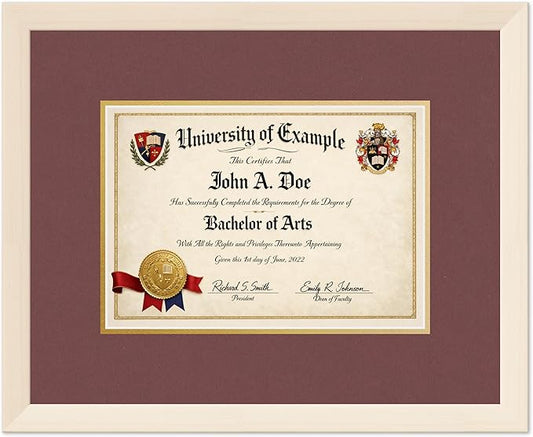 CountryArtHouse Diploma Frame Fits 11.69 x 8.27 A4 Certificate - Keepsake Graduation Display Coastal Whitewash Genuine Hardwood with Dark Red Over Metallic Gold Double mat