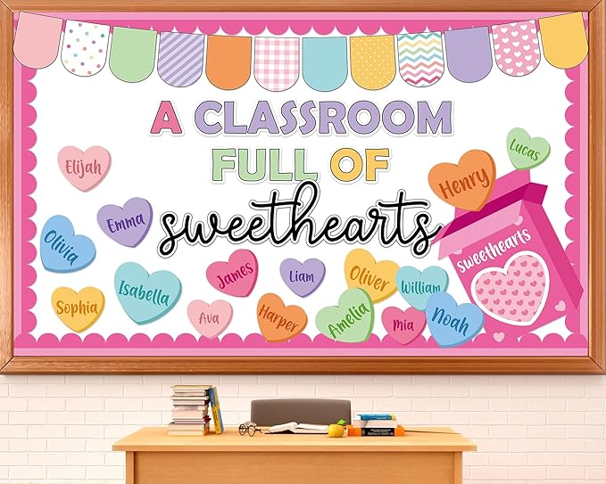 Valentine's Day Bulletin Board Set Happy Valentine's Day Classroom Decorations A Classroom Full of Sweethearts Paper Cutouts Candy Heart Name Tags for School Home Office Chalkboard Wall Door Decor