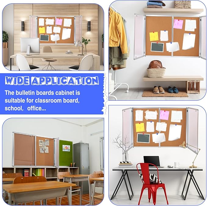 Enclosed Bulletin Board 48" x 36" Weatherproof Lockable Outdoor Cork Case Display Board Wall Mounted 2 Locking Door Aluminum Frame for Office, School, Commercial, Hospital, 12 x A4(Wood)