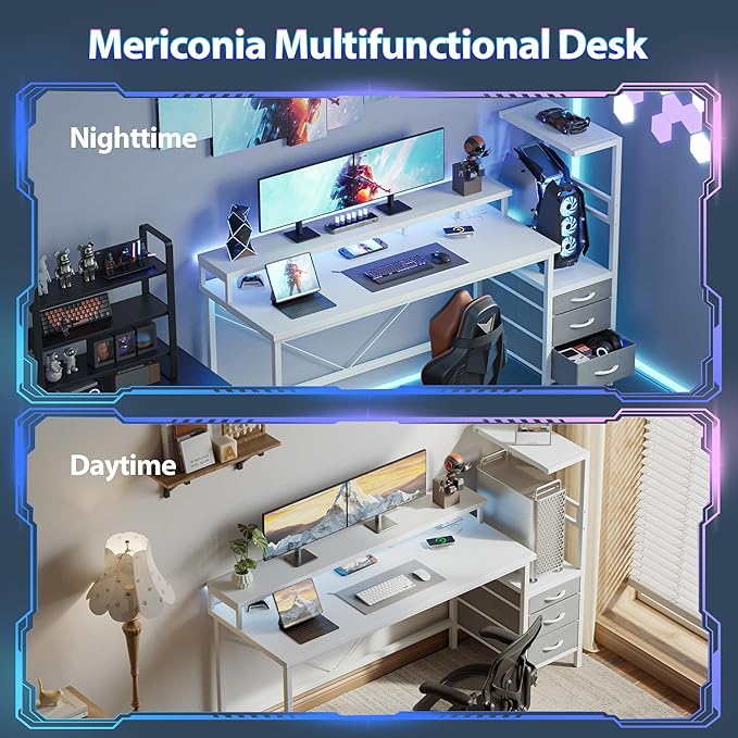 Mericonia Gaming Desk with Power Outlets & LED Lights, Reversible Computer Desk with PC Case Stand, Fabric Drawers, Modern Office Desk with Shelves, Monitor Stand