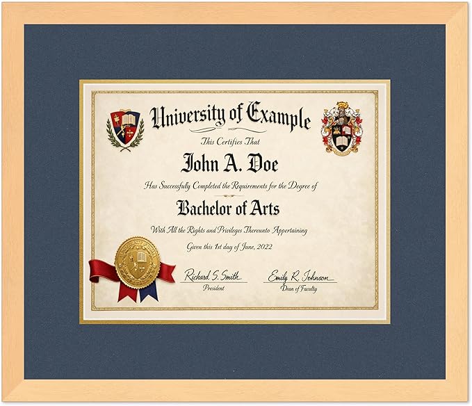 CountryArtHouse Diploma Frame Fits 14 x 11 College Diploma (Modern) - Keepsake Graduation Display Natural Wood Genuine Hardwood with Navy Blue Over Metallic Gold Double mat