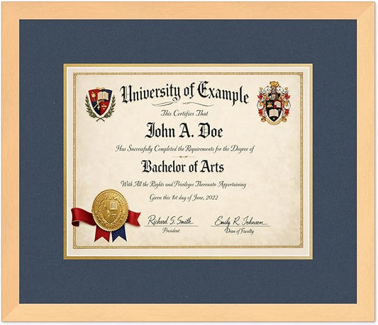 CountryArtHouse Diploma Frame Fits 14 x 11 College Diploma (Modern) - Keepsake Graduation Display Natural Wood Genuine Hardwood with Navy Blue Over Metallic Gold Double mat