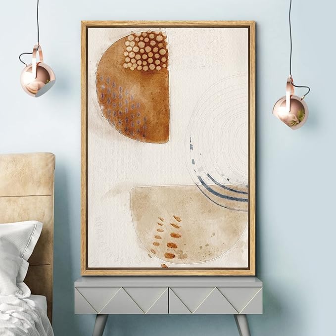SIGNFORD Framed Canvas Wall Art Brown, Biege and White Organic Circles and Lines Geometric Shapes Illustrations Minimalism Modern Relax/Calm for Living Room, Bedroom, Office - 24x36 inches
