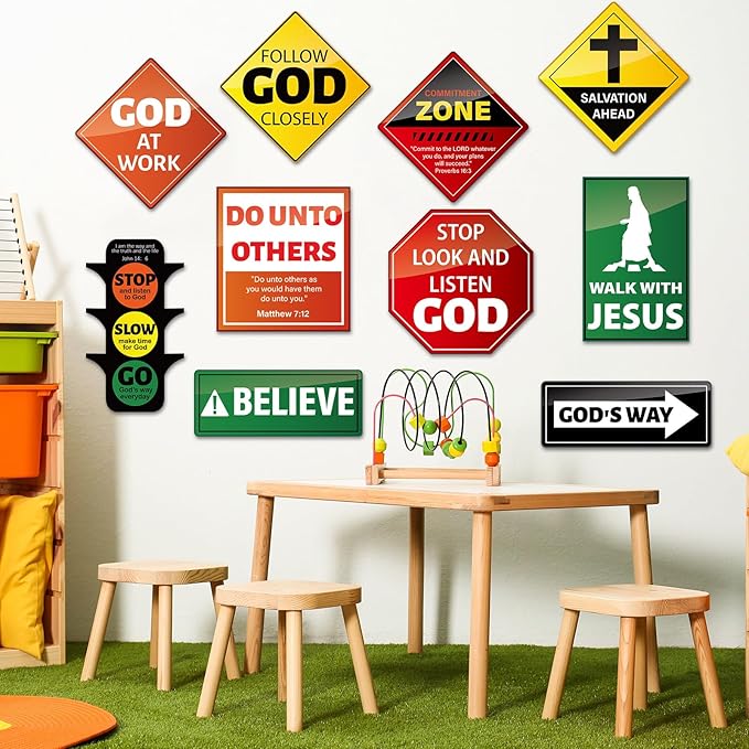 20 PCS Christian Road Signs VBS Decorations Religious Bulletin Board Set Christian Construction Sign Paper Cutouts Jesus Bible Verse Wall Decor for Sunday School Classroom Church