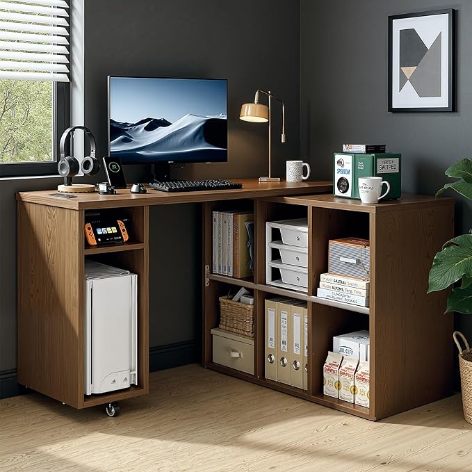 L-Shaped Desk with Storage–Small Study Table with Charging Station, Rotating Writing Desk & Corner Computer Desk for Home Office, 67” Long Bed Side Table（Oak）