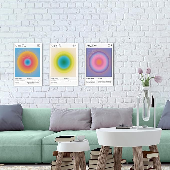 Colorful Gradient Aura Angel Numbers Poster Canvas Print Artwork Room Decor for Bedroom Aesthetic, 3 Piece Framed Inspirational Minimalist Art Paintings Decor for Bedroom Office 12"x18" x 3 Pcs