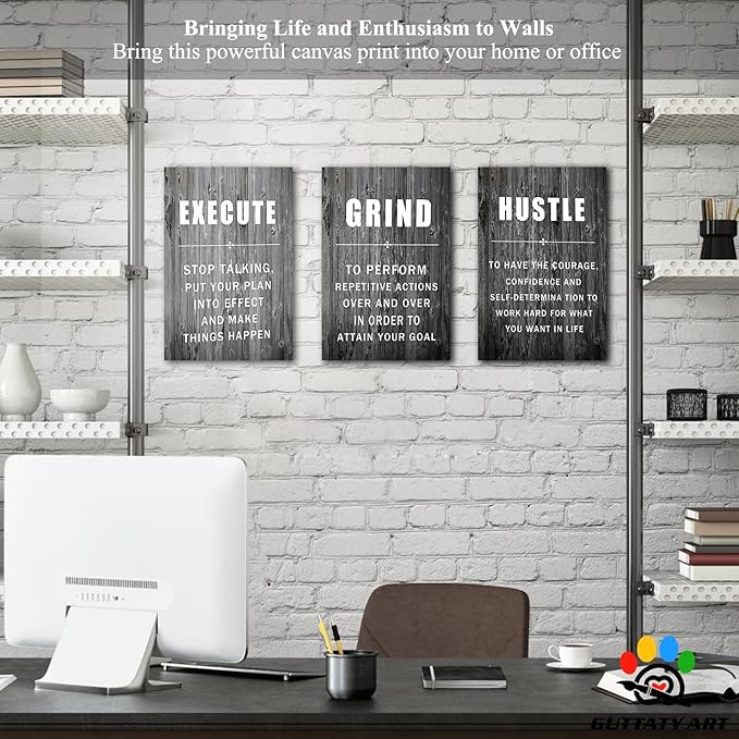 Office Wall Art - 3 Panel Motivational Wall Art, Inspirational Quotes Canvas Art for Home Office Wall Decor, Positive Quotes Wall Decor, Entrepreneur Grind Hustle Execution Poster Frame (12”x24”x3Pcs)