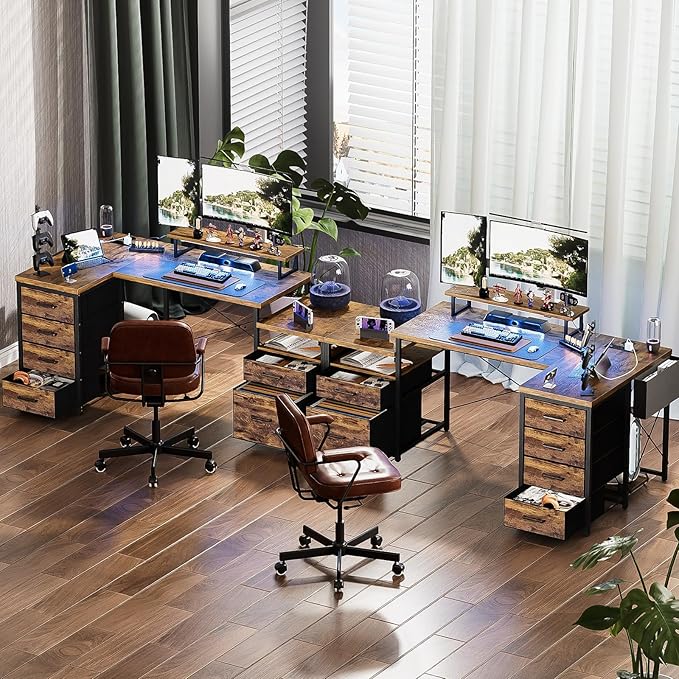 Unikito Reversible L Shaped Computer Desk with Fabric File Drawers, 70.8" Large Office Desk with RGB LED Light & Power Outlets & Monitor Stand & CPU Stand, Sturdy Corner Gaming Desk, Rustic Brown
