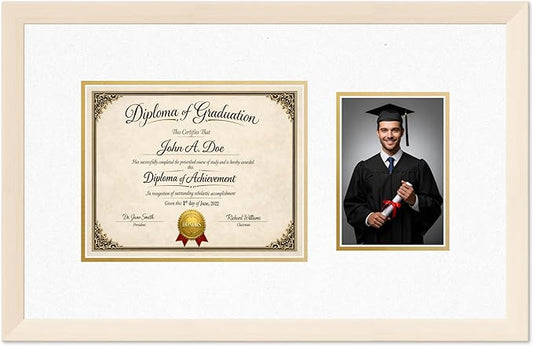 Diploma Frame With Photo Opening Coastal Whitewash Oyster Shell Over Gold Mat - Fits 10 x 8 Degree and Picture Made in the USA