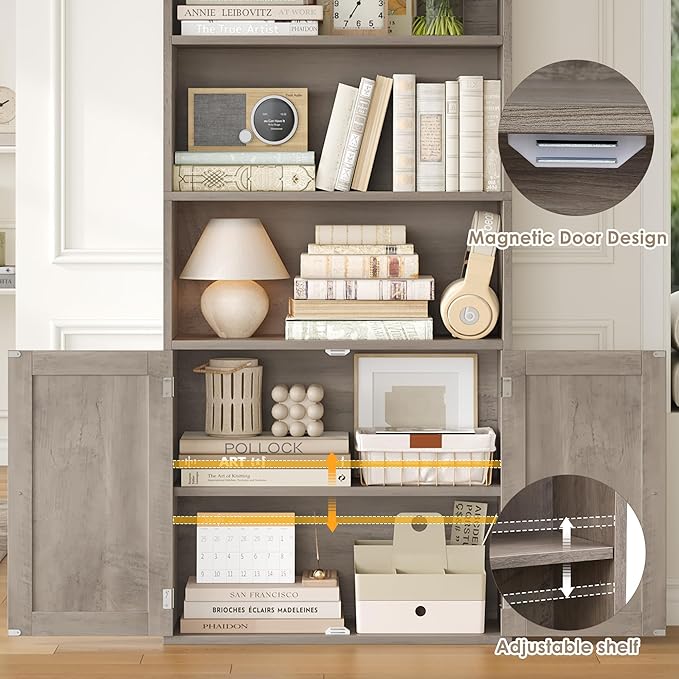 FACBOTALL 82" Tall Bookcase and Book Shelf, 24" Wide Bookshelf with Doors, 7 Tier Bookcase with Storage and Adjustable Shelf, Open and Display Farmhouse Bookshelf for Living Room, Home Office, Gray