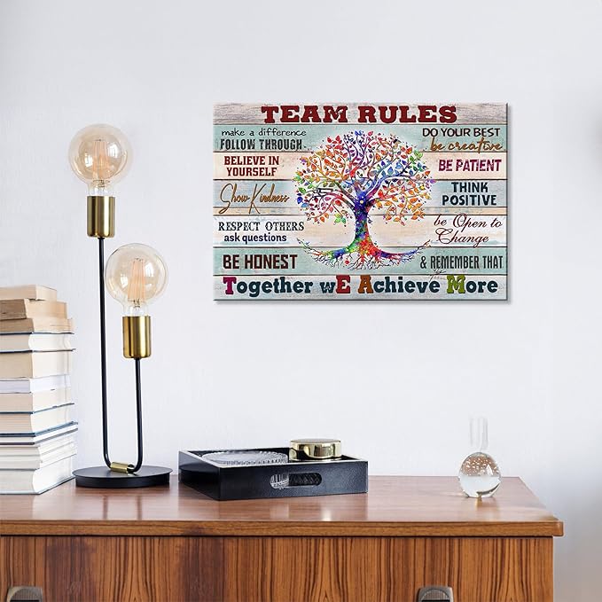 Inspirational Wall Art for Office - Team Rules Motivation Positive Quotes Colorful Tree Signs Framed Painting Prints Artwork for Home 24x16in