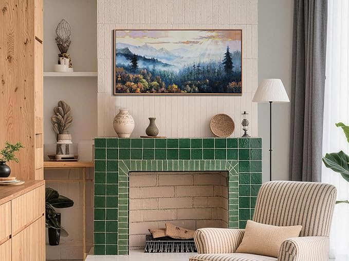 Arjun Forest Landscape Framed Wall Art Canvas, Misty Nature Wall Art for Living Room Painting Tranquil Scenery Tree Picture Artwork for Bedroom Office Home Wall Decor, Large 40"x20"
