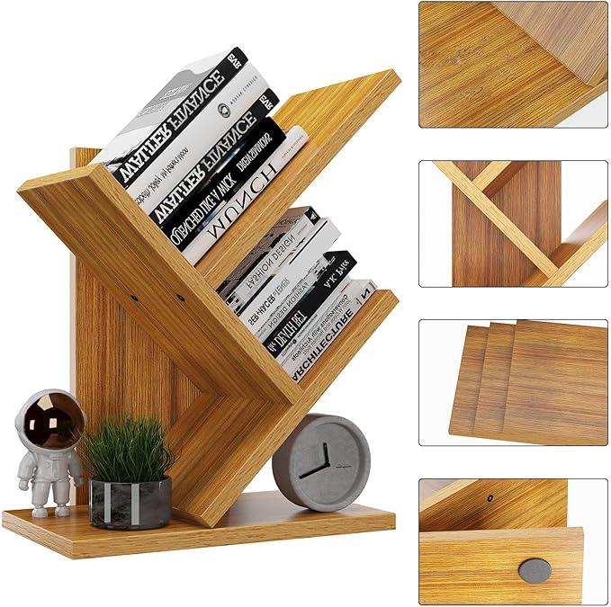 YMYNY 2 Tier Tree Bookshelf, Small Bookcase, Modern Wood Book Storage Rack Organizer, Freestanding Book Shelf for Books/Movies/CDs, Display Rack for Bedroom, Home Office, Natural UHBC012N