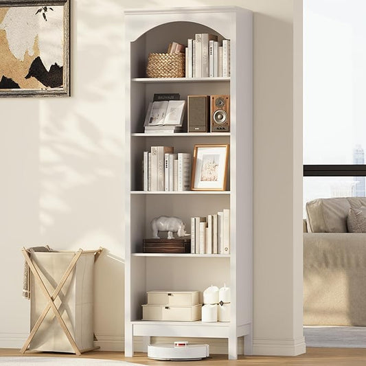 71" H Tall Bookshelf & Bookcase, Farmhouse Arched Book Shelf with 5-Tier Open Shelves, Wooden Bookcase Freestanding Display Bookshelves for Bedroom, Living Room, White