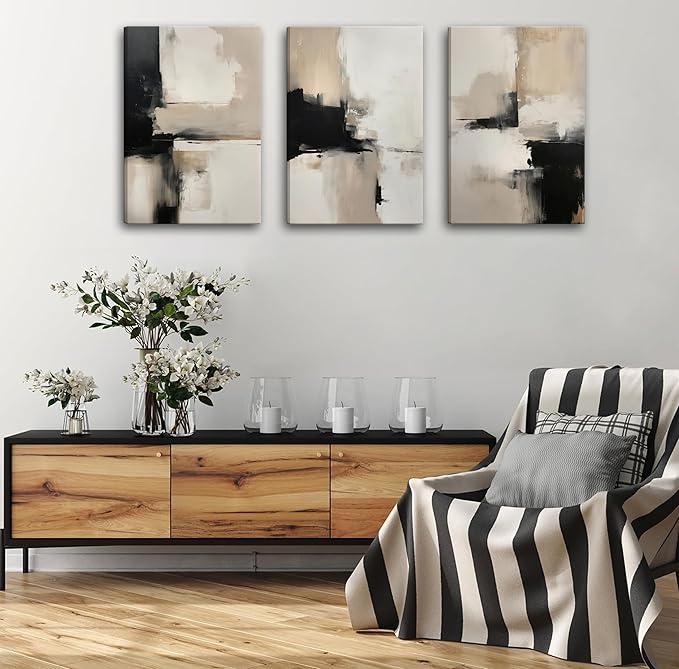 3Pcs Framed Beige Abstract Wall Art Large Modern Minimalist Posters Prints Black Brown Neutral Artist Pictures Painting for Living Room Bedroom Bathroom Office Decorations