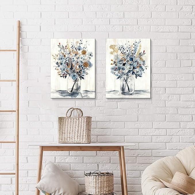 Hardy Gallery Floral Painting Canvas Wall Art: Abstract Flower Bouquet in Glass Bottle Picture Print for Dining Room (18'' x 24'' x 2 Panels)