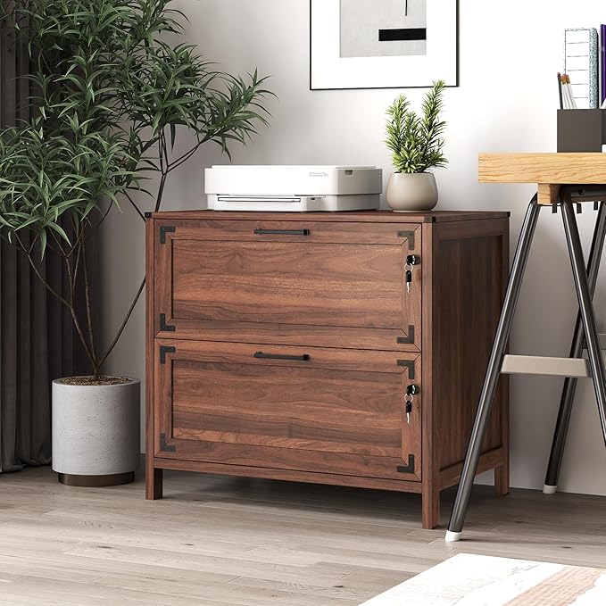 2 Drawer File Cabinet with Lock, Home Office Filing Organizer, for Letter Legal A4 Size Labeled Folders File Folder Storage, Wood Lateral Filing Cabinet (Walnut-W31.5*D20*H28.98in)
