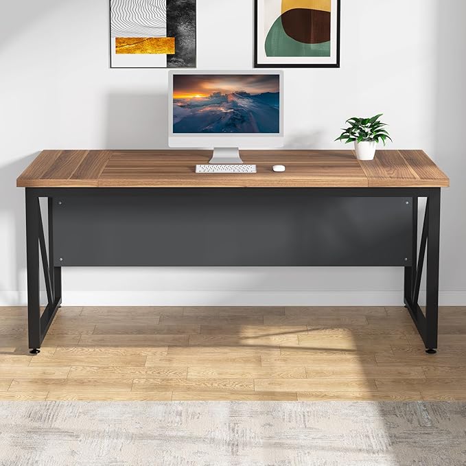 Tribesigns 63 inches Computer Desk, Modern Home Office Desk Writing Table for Workstation, Dark Walnut + Steel Leg, Cabinet not Included (Walnut, 63-inch)