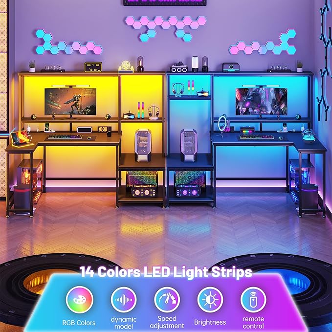 Gaming Desk with LED Lights & Outlets,55" L Shaped Computer Desk with Shelves & Storage Hutch,Reversible Corner Gaming Table with Printer Space & Monitor Stand for Home Office,Black