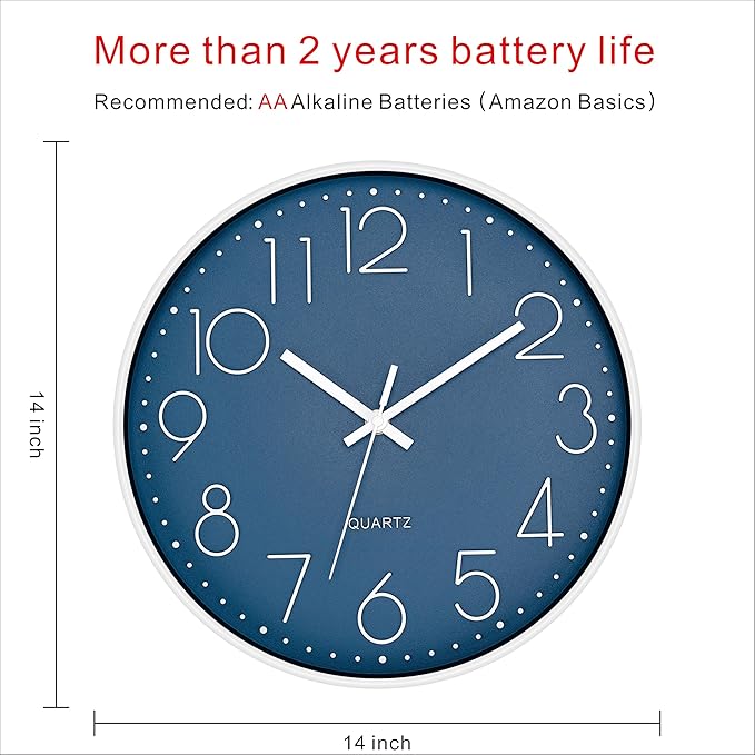 Foxtop 14 Inch Wall Clock Silent Non-Ticking Battery Operated Round Quartz Modern Wall Clock Decorative for Living Room Bedroom Kitchen Home Office (Cerulean)