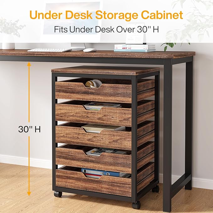 Tribesigns 5-Drawer File Cabinet, Wood Mobile Storage Drawer Unit, Industrial Office Cabinet with Drawers & Wheels, Rolling Printer Stand for Home Office (Rustic Brown)