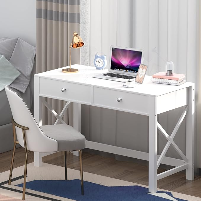 WiberWi Home Office Desk with Drawers White Modern Writing Computer Desk, Small Makeup Vanity Table for Bedroom, Study Table for Home Office