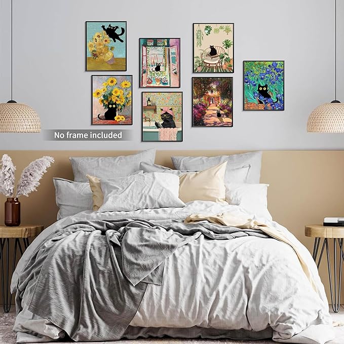 SEHSUVC Funny Black Cat Canvas Wall Art Set of 9, Vintage Van Gogh Black Cat Posters Prints, Colorful Cat Floral Aesthetic Prints Wall Decor Paintings for Bedroom Bathroom Dorm Home Decor 8x10In Unframed