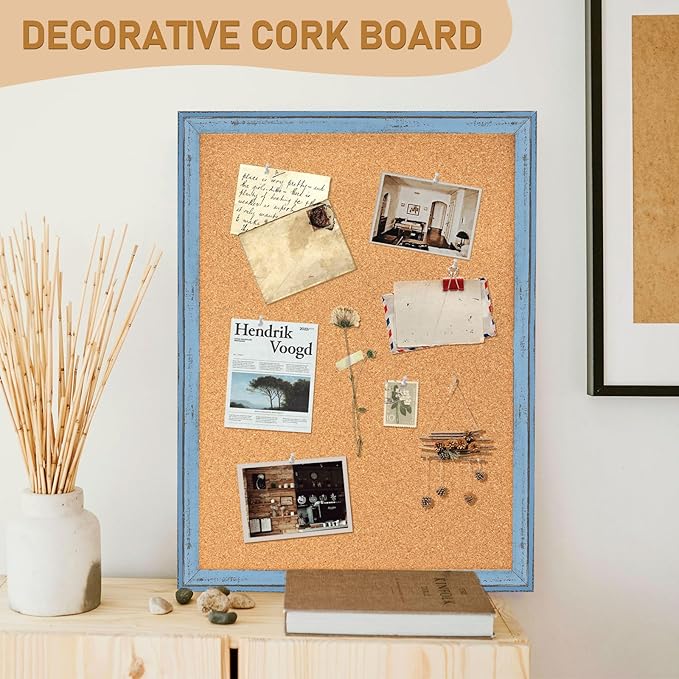 DOLLAR BOSS Cork Boards for Walls, 36 X 24 Inches Bulletin Board Decorative Hanging Pin Board Rustic Wooden Frame Vision Board Notice Board for Office Home Decor, Blue