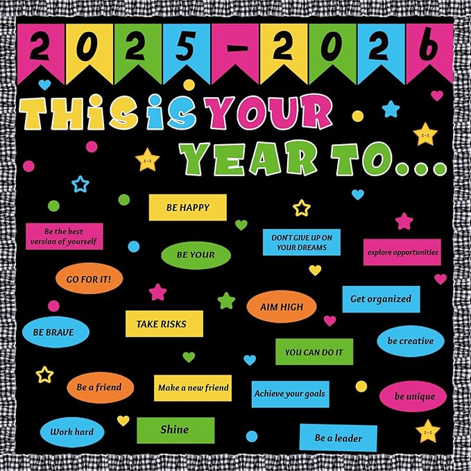 81 Pcs This is Your Year Bulletin Board Set Classroom Bulletin Board Decor Back to School Inspirational Cutouts with White Black Burlap Border for School Office Chalkboard Wall Decor