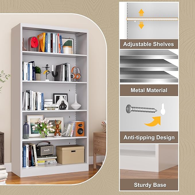 Bookcase, 5 Shelf Bookcases for Books, Garage Kit, CDs, Toys, Bookshelves and Bookcases for Home Office Library Living Room, Metal Book Case with Adjustable Shelves