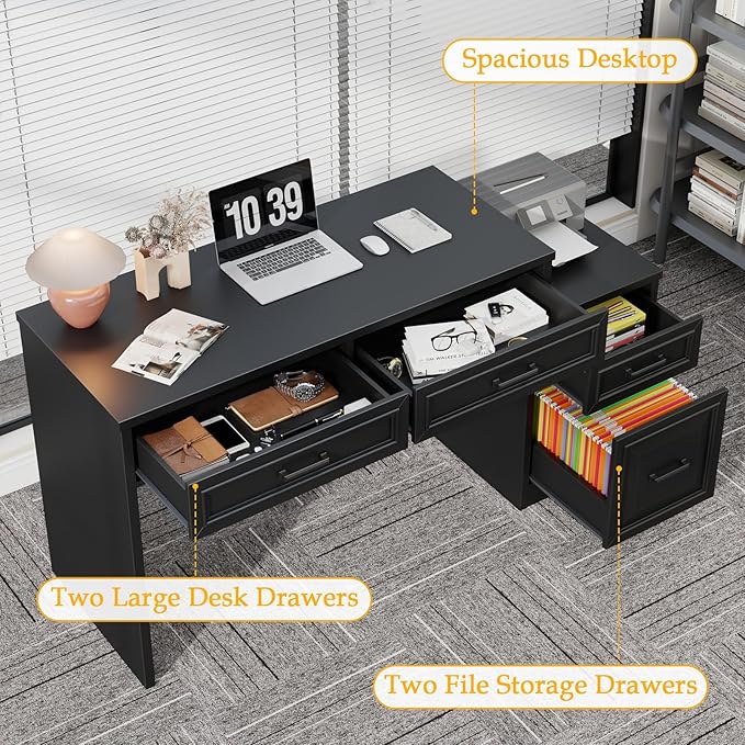 Vabches 61" Farmhouse Computer Desk with Storage and File Drawer, Executive Desks with Printer Stand, Rustic Large Home Writing Desk for Home Office.Black