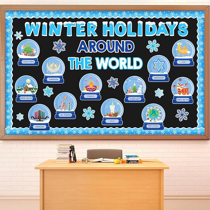 JarThenaAMCS Winter Bulletin Board Set Classroom Decorations Holiday Around The World Educational Paper Cutouts for Seasonal School Chalkboard Wall Decor